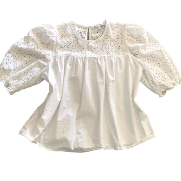 English Factory Puff Sleeve Blouse 100% Cotton White Eyelet Upper Sz XL 138L - Picture 2 of 8